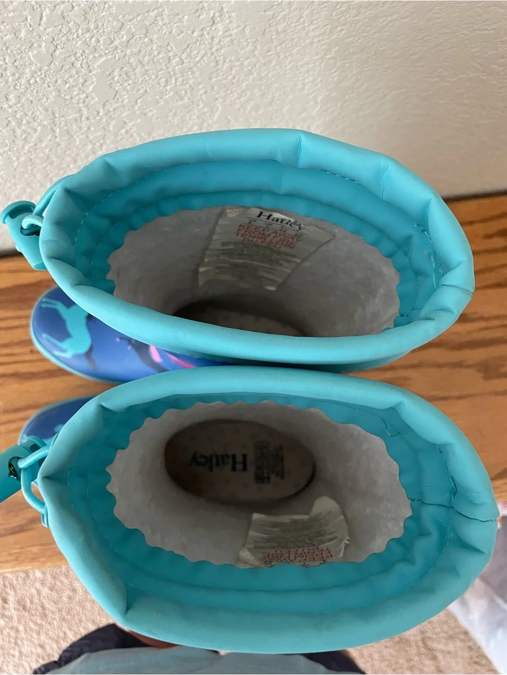 Hatley Blue Rain Boots with Teal, Pink & Black Unicorn Print